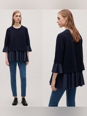 COS Shirt Detail Knitted Jumper Sweater Navy XS Layered Ruffle Hem Minimalist